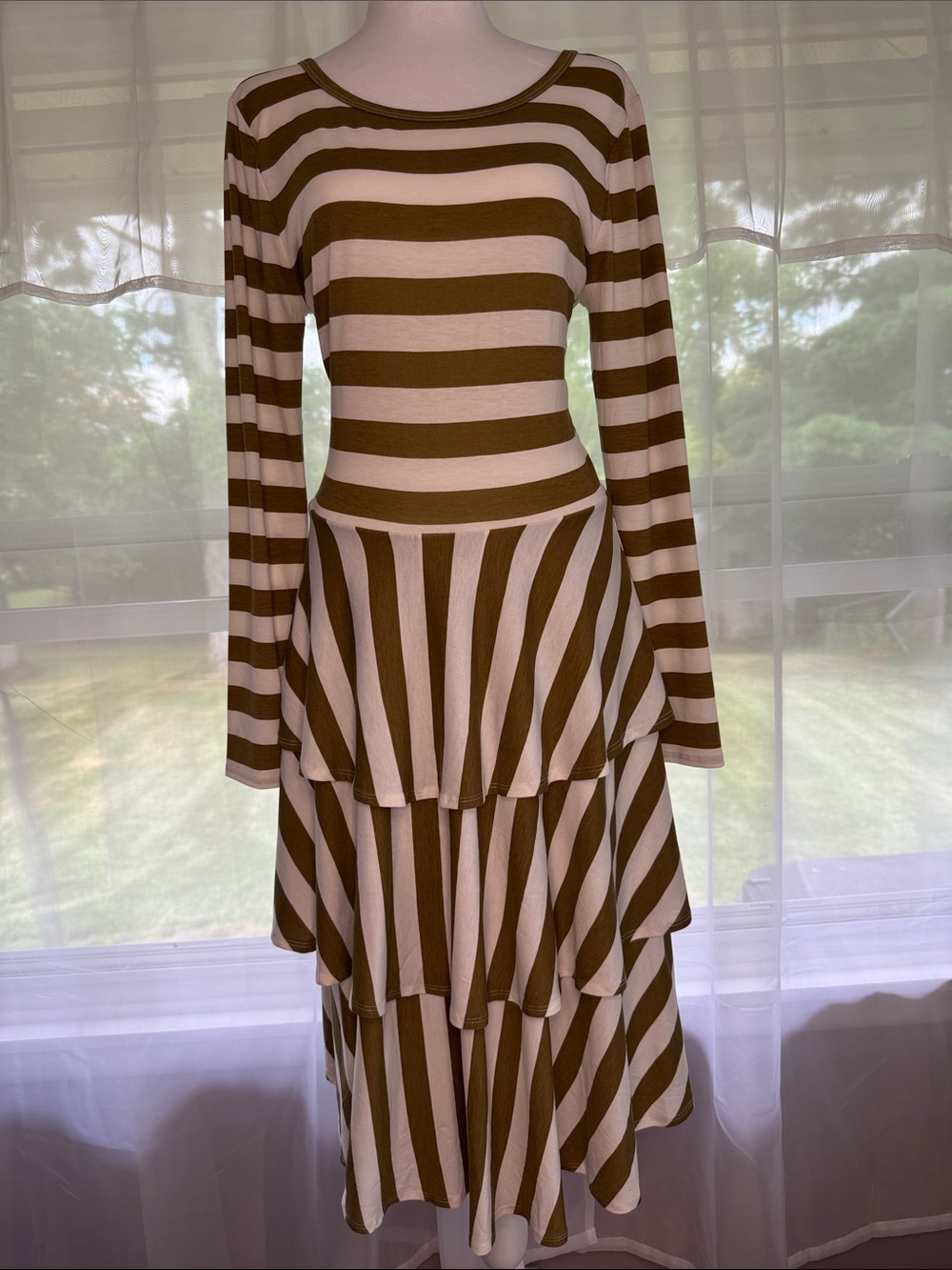 LuLaRoe Georgia Brown and White Striped Tiered Midi Dress